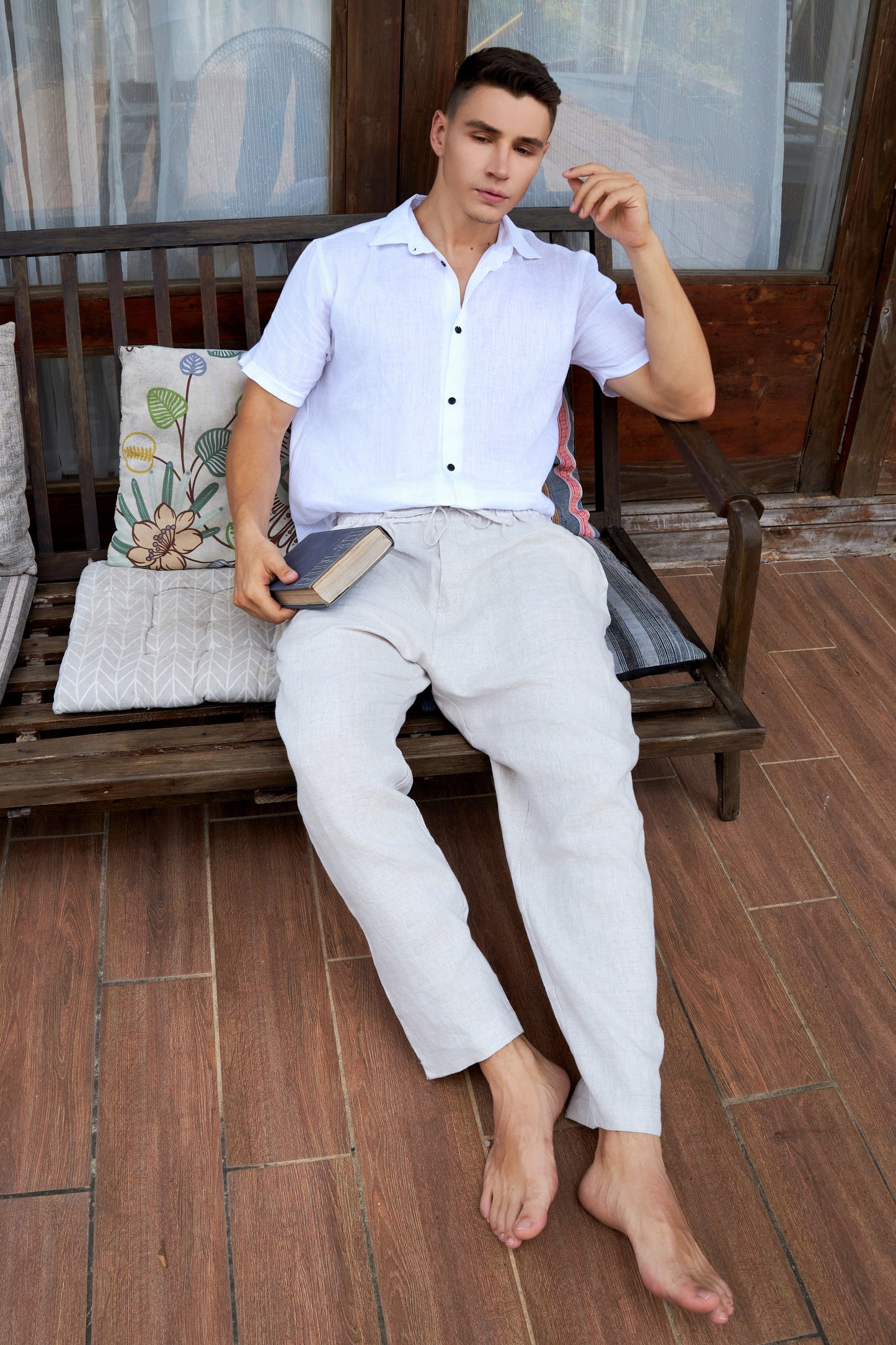 Krasiv Men's 100% Linen Pants Pull On Elastic Waist Drawstring Casual Summer Beach Yoga Loose Fit Baggy Wide Leg