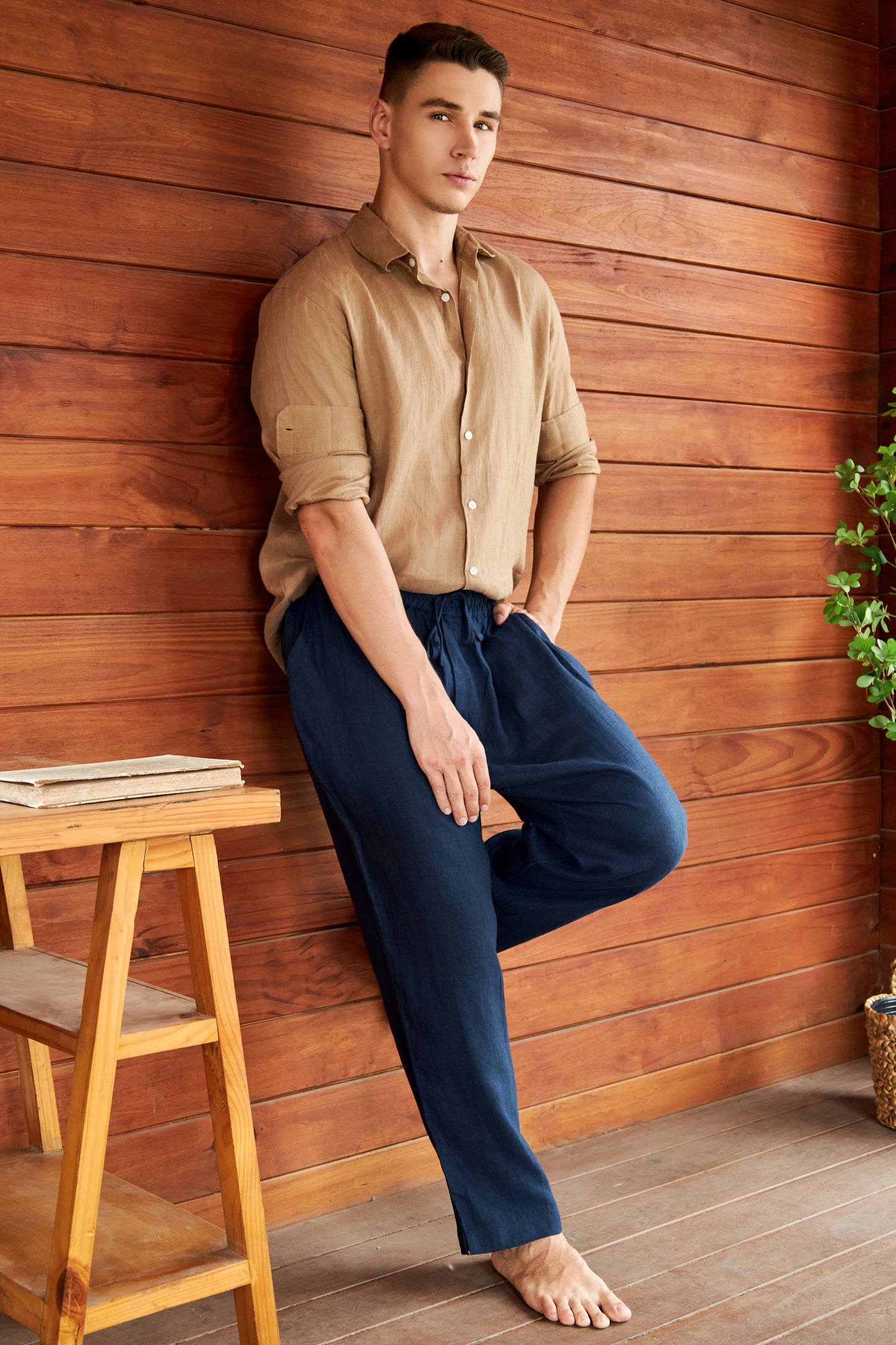 Krasiv Men's 100% Linen Pants Pull On Elastic Waist Drawstring Casual Summer Beach Yoga Loose Fit Baggy Wide Leg