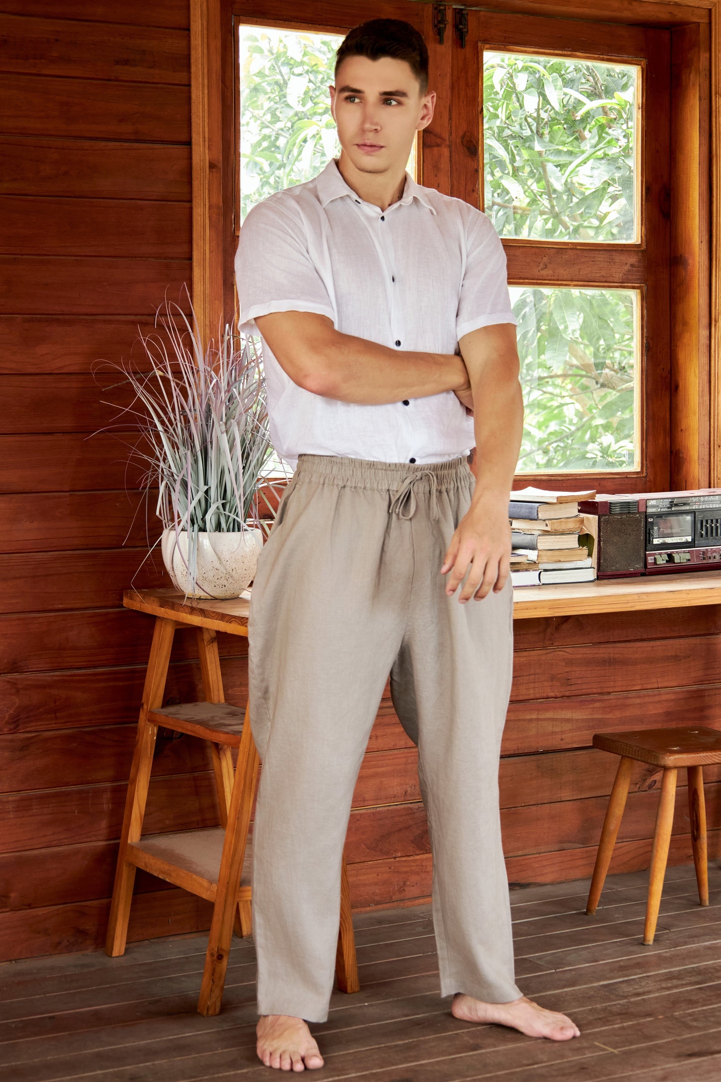 Krasiv Men's 100% Linen Pants Pull On Elastic Waist Drawstring Casual Summer Beach Yoga Loose Fit Baggy Wide Leg