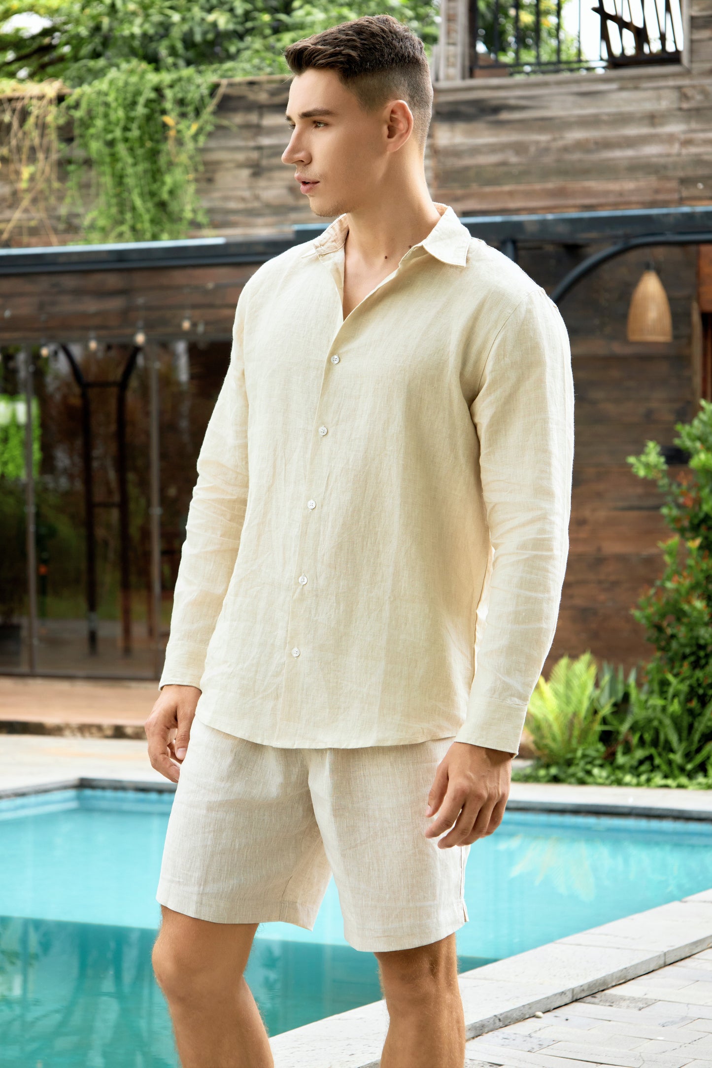 Krasiv Men's Linen Shorts Elastic Waist Drawstrings Summer Beach 100% Linen