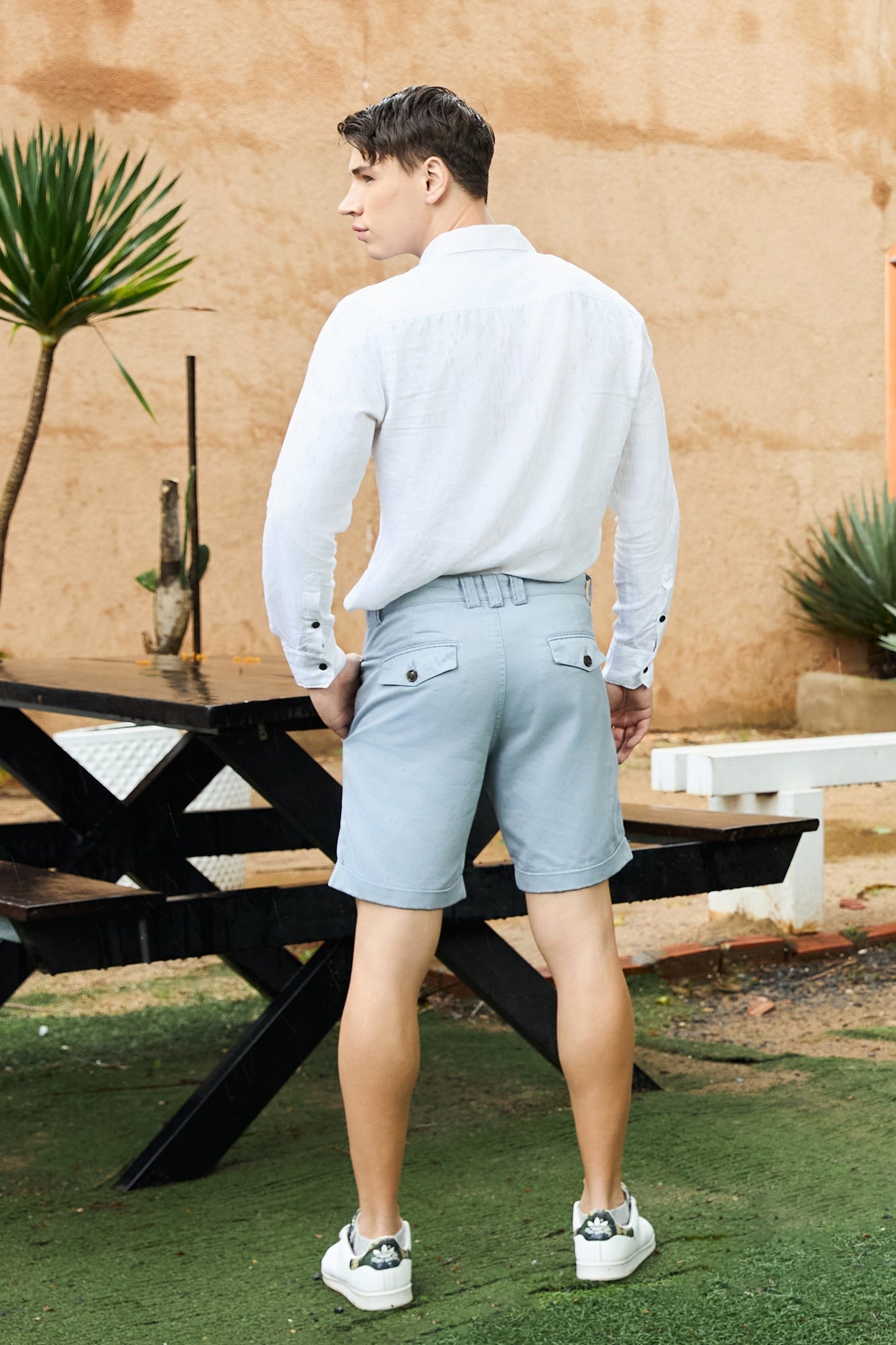 Krasiv Men's Chino Shorts Cotton Casual Slim Fit Flat Front Stiched Cuff Hem Above The Knee